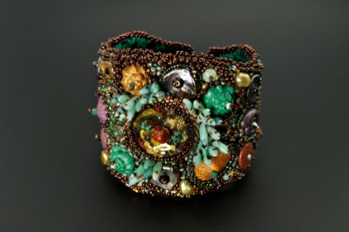 Bead Emroidery with Polymer Clay Seashells and Resin focal - Amphitrite’s Cuff